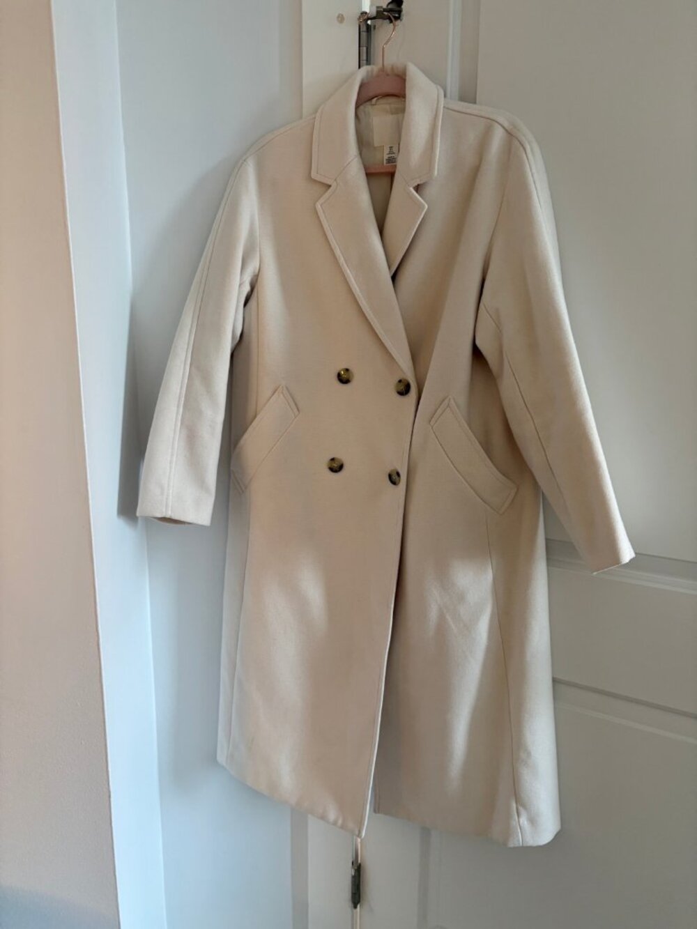 H&M Double-Breasted Coat Cream Oversized Long Wool-Look Coat S Fits M